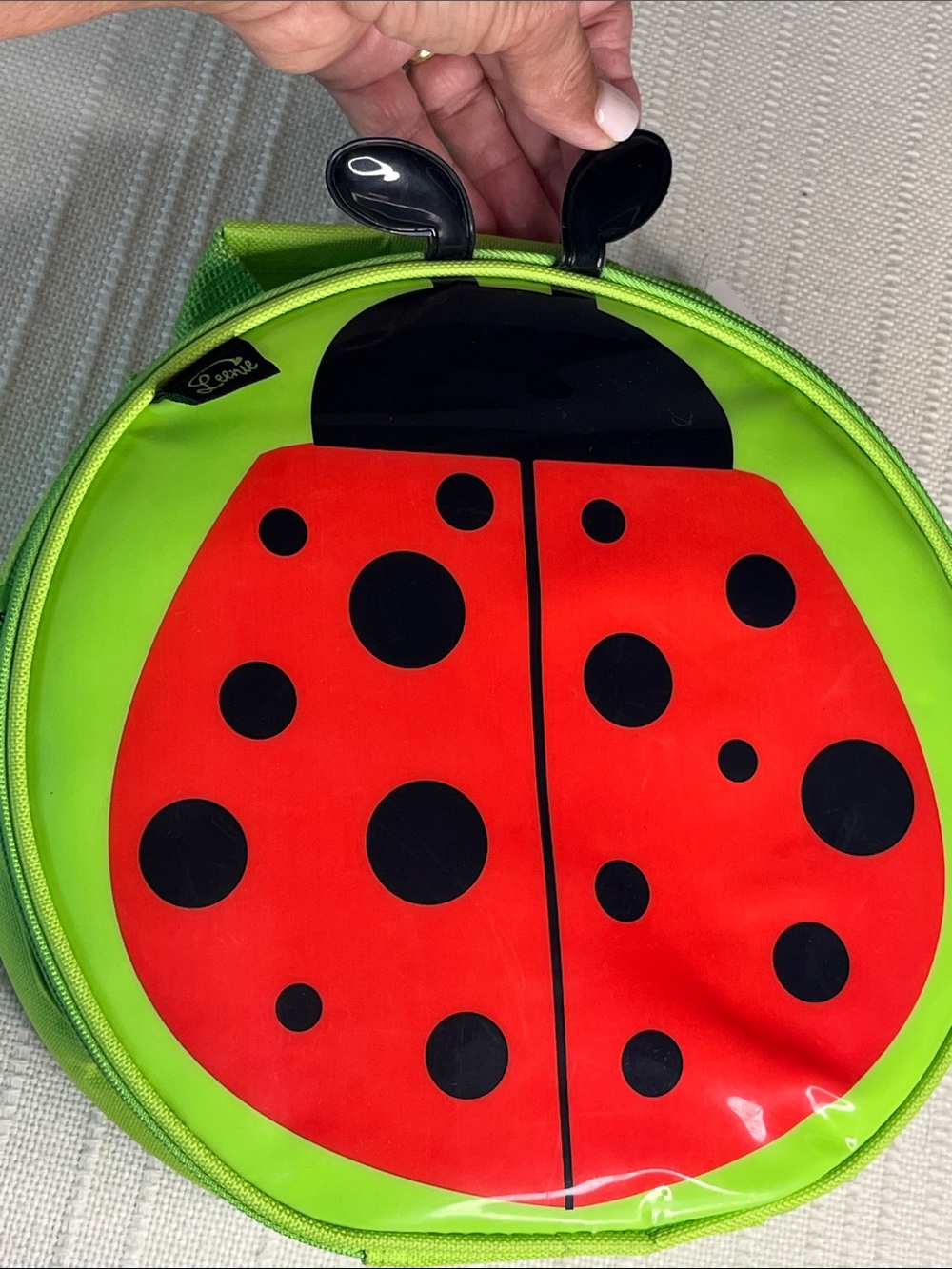 Leenie Lunch tote, Red, Black, Lime Green Ladybug w handle, JoAnn Stores brand